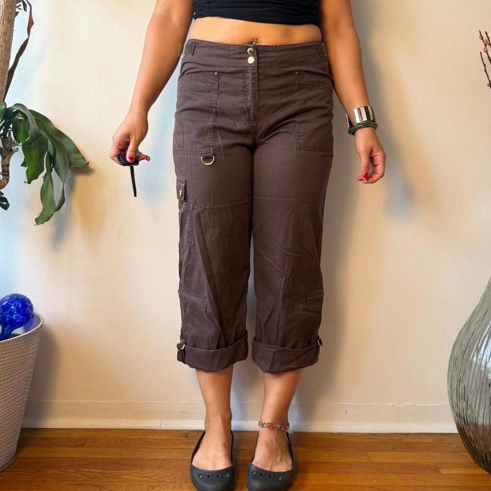 Jones New York Brown Cargo Capris Gold D Ring Y2K Granola Boho Pants Size 12